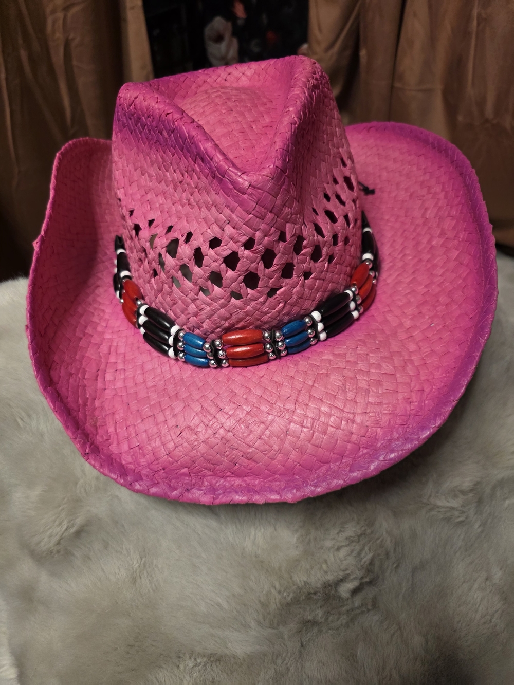Source Unknown Pink Straw Cowboy Hat with Beaded Band